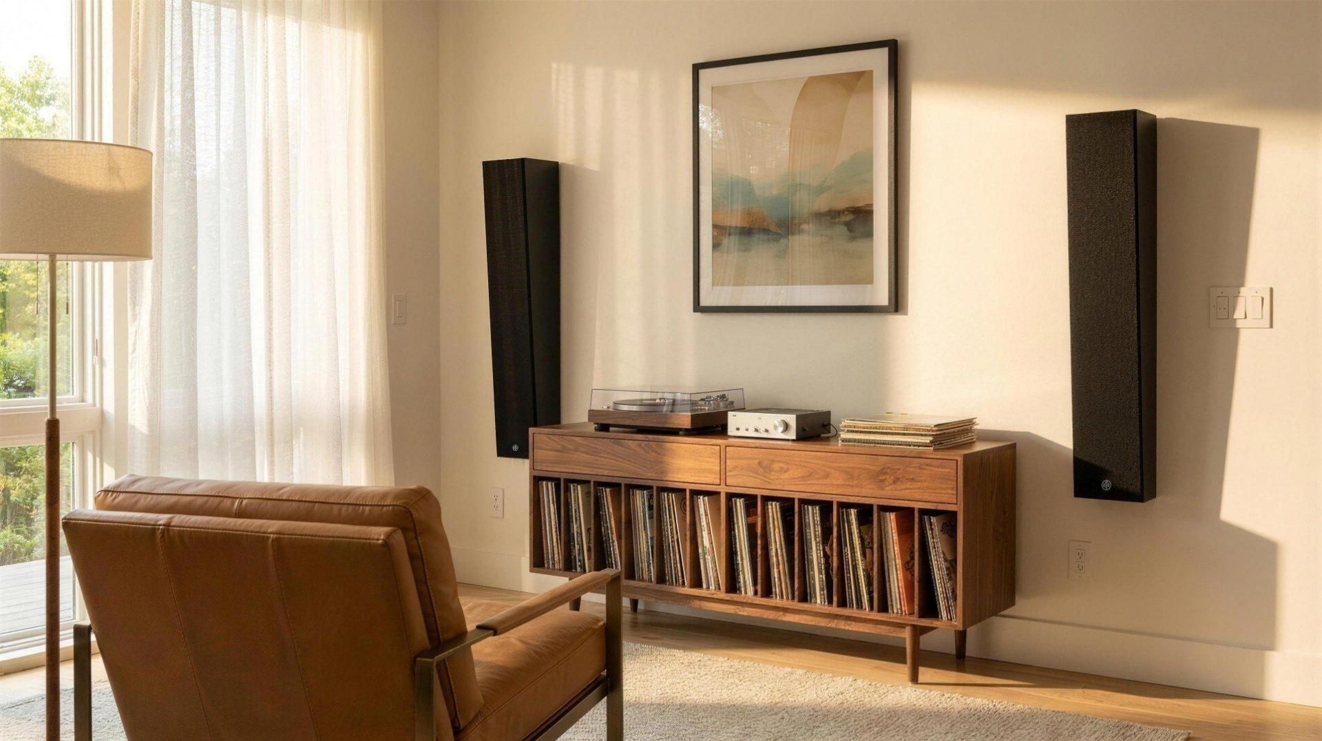 RtR on-wall speakers beside a record collection in a sunlit living room