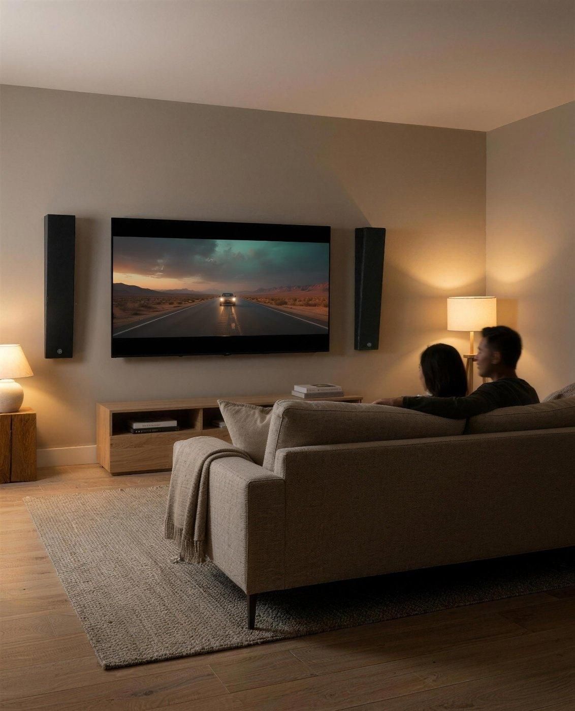 RtR speakers mounted beside a TV for a living room movie night