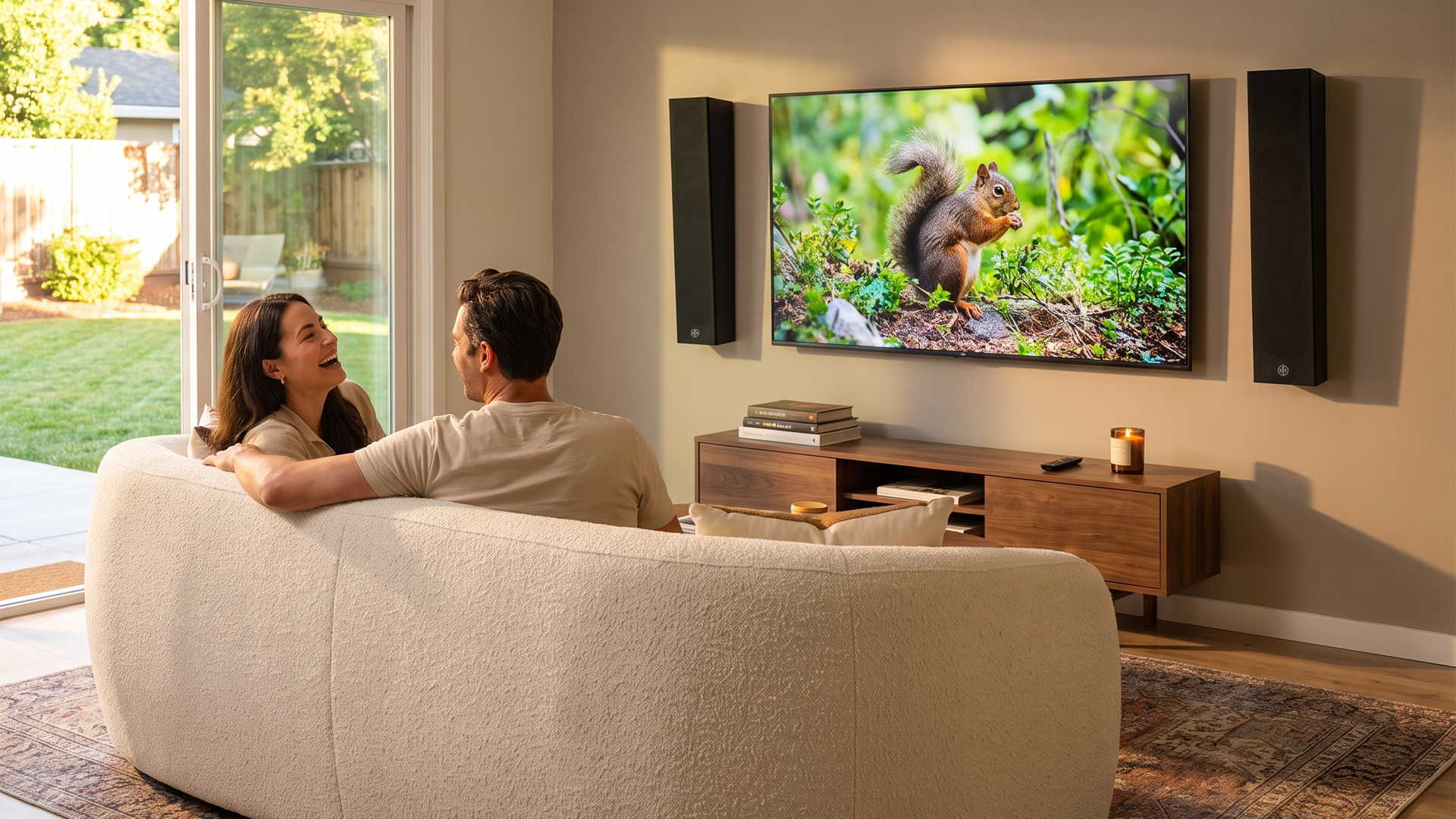A couple relaxing in a sunlit living room with RtR on-wall speakers beside their TV